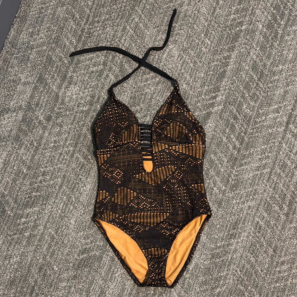 Black Lace Overlay One Piece Swimsuit